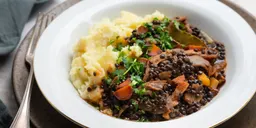 Belugalinzen- en groentenstoof met miso, wortelpeterseliepuree en gebakken oesterzwammen.