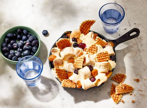 BBQ s’mores met witte chocola, fudge en blauwe bessen