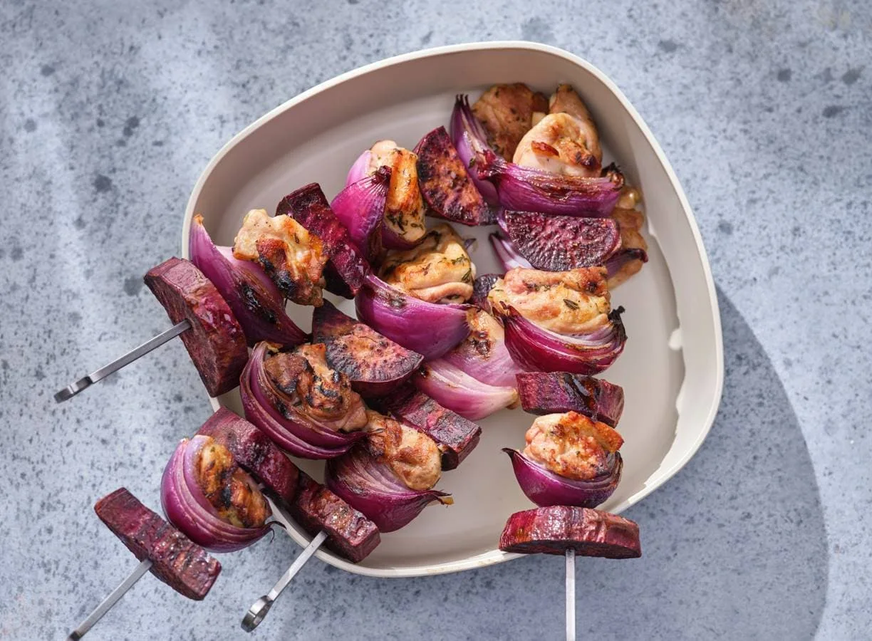 BBQ kipspies met paarse zoete aardappel