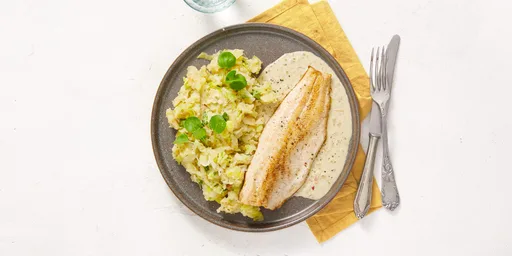 Beekridder streekvis met miso-roomsaus en waterkerspuree
