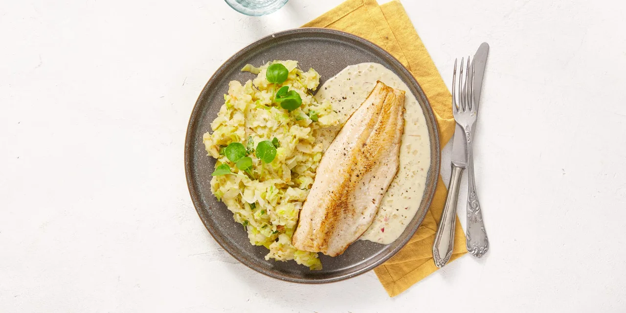 Beekridder streekvis met miso-roomsaus en waterkerspuree